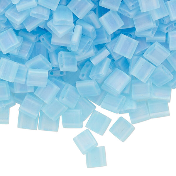 Seed bead, TILA®, glass, pkg/10g, 5mm full tila square, translucent matte rainbow powder blue (TL-148FR). image number 0