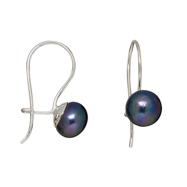 Earring, sterling silver and cultured freshwater pearl, peacock, 8-8.5mm button with kidney ear wire, 22x8mm overall. Sold per pair. image number 0