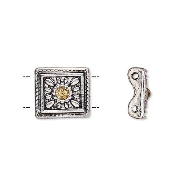 Spacer, glass rhinestone and antique silver-finished "pewter" (zinc-based alloy), light brown, 13x12mm single-sided 2-strand square with flower design, fits up to 5mm bead. Sold per pkg of 4. image number 0