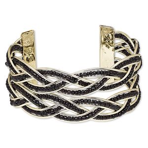 Bracelet, cuff, glass and gold-finished steel, black, 35mm wide with braided design, adjustable from 6-1/2 to 7-1/2. Sold individually.