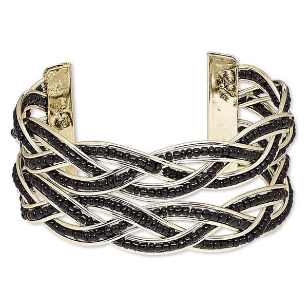 Bracelet, cuff, glass and gold-finished steel, black, 35mm wide with braided design, adjustable from 6-1/2 to 7-1/2. Sold individually. image number 0
