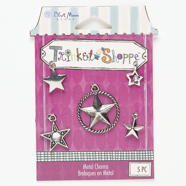 Charm mix, antique silver-finished "pewter" (zinc-based alloy) and steel with acrylic rhinestone, clear, 10mm-24mm assorted stars. Sold per pkg of 5. image number 0