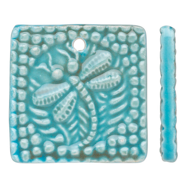 Focal, porcelain, turquoise blue and brown, 40x40mm double-sided top-drilled textured flat square with dragonfly design. Sold individually. image number 0