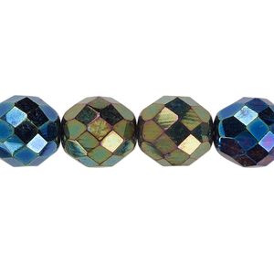 Bead, Czech fire-polished glass, pkg/15-1/2 to 16 inches, 12mm faceted round, opaque iris green, (23980-21455).