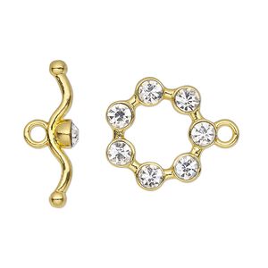 Clasp toggle 1pkg1 "pewter" (zinc alloy), 19mm round, gold-finished / clear rhinestone 1-strand