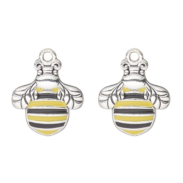 Charm, antique silver-finished "pewter" (zinc-based alloy) and enamel, yellow and black, 19x17mm single-sided bumble bee. Sold per pkg of 2. image number 0