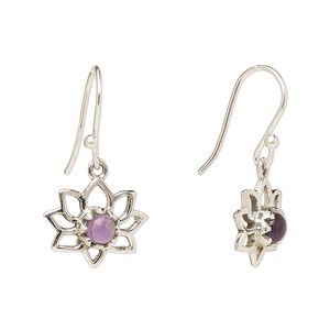 Earring, Create Compliments®, antiqued sterling silver and amethyst (natural), fishhook, 26mm with 14.5x12mm single-sided open lotus, 21 gauge. Sold per pair.