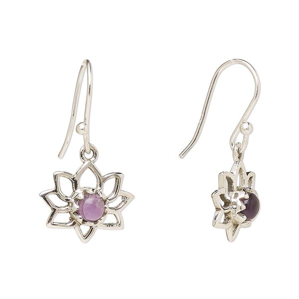 Earring, Create Compliments®, antiqued sterling silver and amethyst (natural), fishhook, 26mm with 14.5x12mm single-sided open lotus, 21 gauge. Sold per pair. image number 0