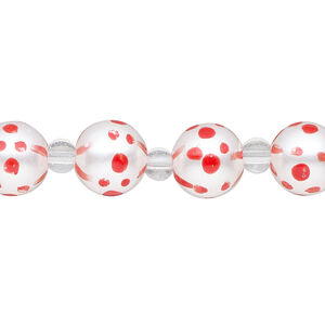 Bead, glass 1pkg8, opaque red and white, 10mm hand-painted round.