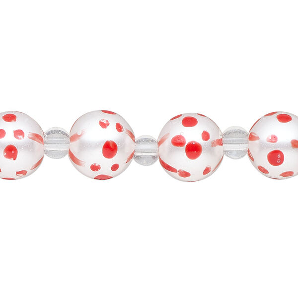 Bead, glass 1pkg8, opaque red and white, 10mm hand-painted round. image number 0