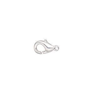 Clasp lobster claw 1pkg10 silver-plated, 10x6mm, brass 1-strand