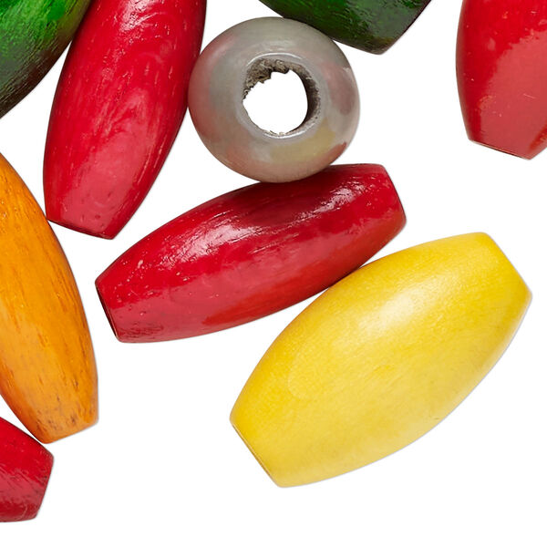 Bead mix, wood (dyed/waxed), mixed colors, 25x13mm-25x13mm barrel. Sold per 3-ounce pkg, approximately 80 beads. image number 0