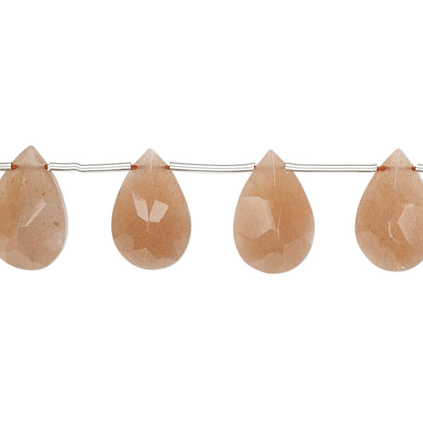 Bead, peach moonstone (natural), 10x7mm-14x9mm hand-cut top-drilled faceted flat teardrop, B grade, Mohs hardness 6 to 6-1/2. Sold per 4-inch strand, approximately 5 beads. image number 0
