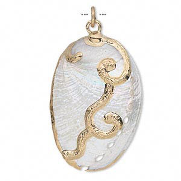 Focal, abalone shell (natural) and gold-finished copper, white, 36x22mm-48x30mm, Mohs hardness 3-1/2. Sold individually. image number 0
