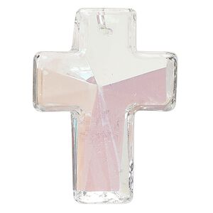 Focal, glass, clear AB, 40x30mm top-drilled faceted cross with flat back. Sold individually.