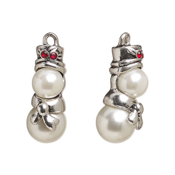Charm, antique silver-finished "pewter" (zinc-based alloy) and glass pearl, white, 24x10mm single-sided glass pearl snowman. Sold per pkg of 2. image number 0