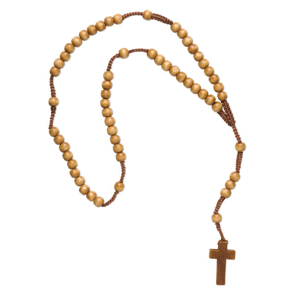 Rosary, wood and nylon cord, natural, 10x8mm rondelle and 40x23mm cross, 25 inches. Sold individually. image number 0