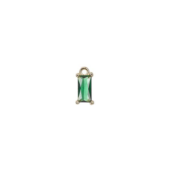 Drop, glass and gold-finished brass, dark green, 7.5x4mm faceted rectangle. Sold per pkg of 10. image number 0