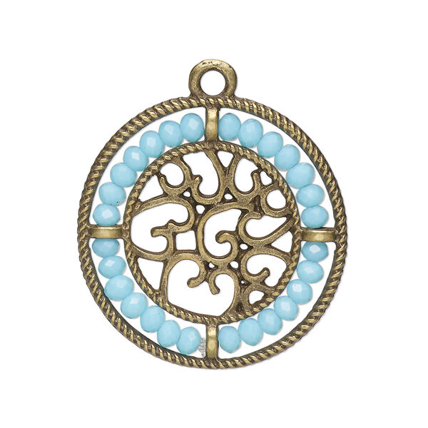 Drop, glass and antique brass-finished "pewter" (zinc-based alloy), aqua blue, 28mm round with hearts and beaded border. Sold per pkg of 2. image number 0