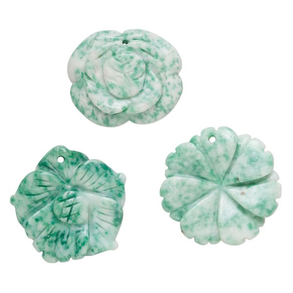 Ching hai "jade" 1pkg3, top-drilled carved flower drop natural mix 25x29mm-31x30mm image number 0