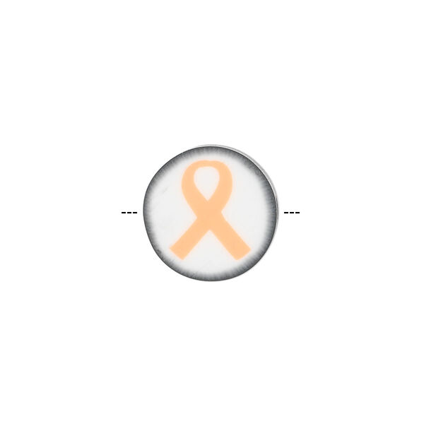 Bead, polymer clay, white / black / orange, 14mm double-sided flat round with awareness ribbon. Sold per pkg of 30. image number 0