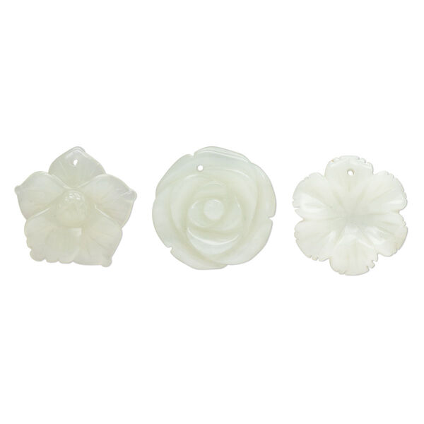 Sea green new "jade" 1pkg3, top-drilled carved flower drop natural B grade, mix 30x25mm-32x31mm image number 0