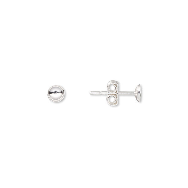 Earstud, sterling silver, 4mm cup, fits 4mm bead. Sold per pkg of 5 pairs. image number 0