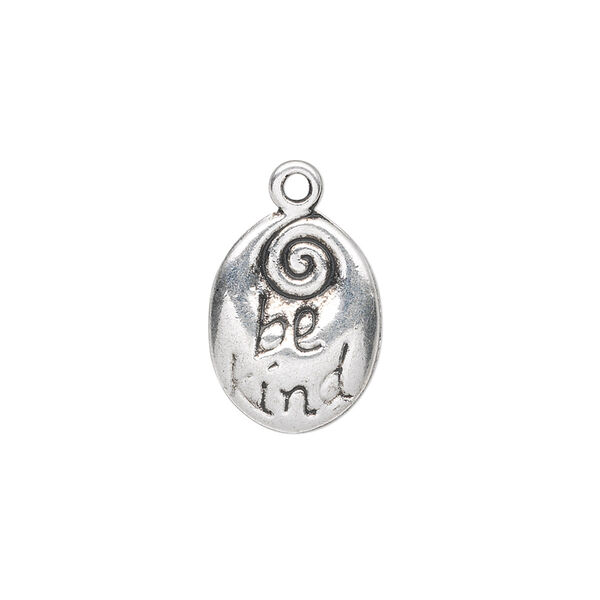Drop, antique silver-plated "pewter" (zinc-based alloy), 17x13mm double-sided oval with "be kind." Sold per pkg of 10. image number 0