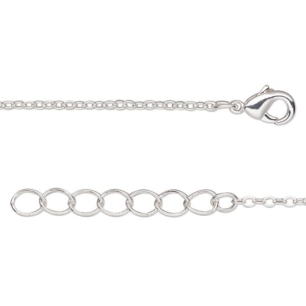 Chain, silver-finished brass, 1.5-1.7mm cable, 16 inches with 1-1/4 inch extender chain and lobster claw clasp. Sold per pkg of 4. image number 0