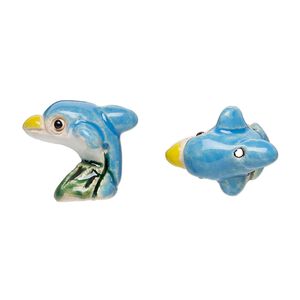 Bead, glazed ceramic, multicolored, 17x15mm hand-painted dolphin. Sold per pkg of 2.