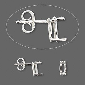 Earstud 1pkg2 Sure-Set™ sterling silver, 8x4mm marquise pre-notched 4-prong basket-style setting / earnuts, 1 pair