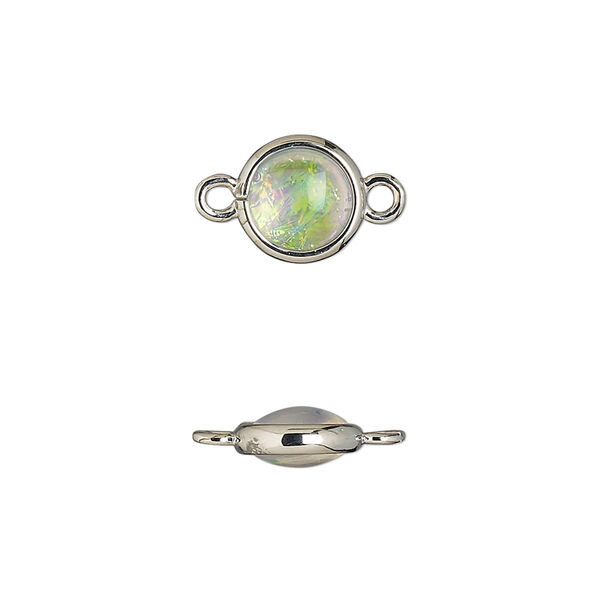 Link, Opalized Ice™, "opal" (resin) and imitation rhodium-finished brass, opaque white, 9.5mm double-sided round. Sold per pkg of 6. image number 0