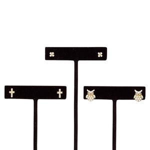 Earring, enamel / acrylic pearl / glass rhinestone / stainless steel / gold finish steel / "pewter" (zinc-based alloy), white / light green / clear, 5x5mm flower / 9x6mm cross / 12x10mm owl with post. Sold per pkg of 3 pairs.