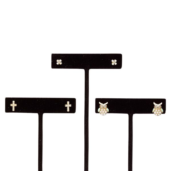 Earring, enamel / acrylic pearl / glass rhinestone / stainless steel / gold finish steel / "pewter" (zinc-based alloy), white / light green / clear, 5x5mm flower / 9x6mm cross / 12x10mm owl with post. Sold per pkg of 3 pairs. image number 0