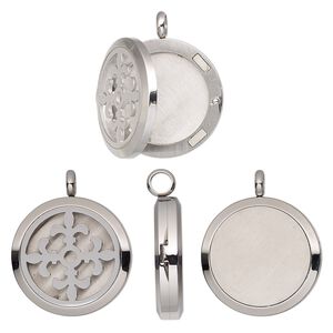 Pendant, stainless steel, 37x30mm single-sided hinged round locket with cutout fleur-de-lis and magnetic closure. Sold individually.