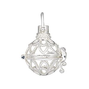 Drop, silver-finished brass, 24x18.5mm round bead cage with fancy cutout design and safety latch, fits 14mm round bead. Sold individually.