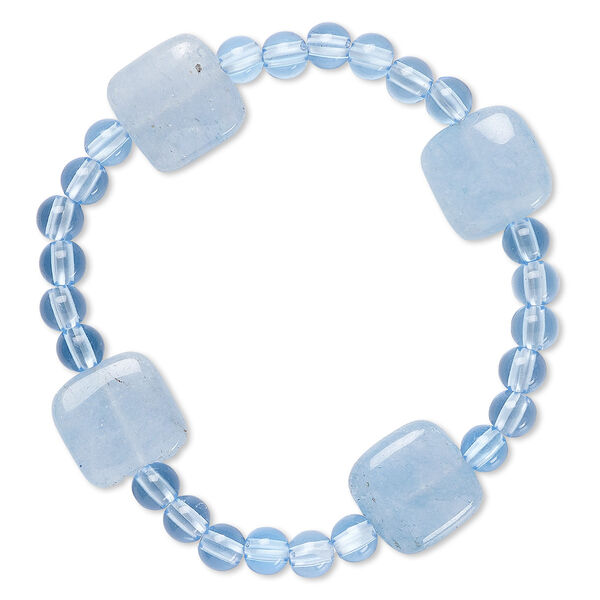 Bracelet, stretch, quartz (dyed) and acrylic, blue, 5mm round and 14-15mm flat square, 6-1/2 inches. Sold individually. image number 0