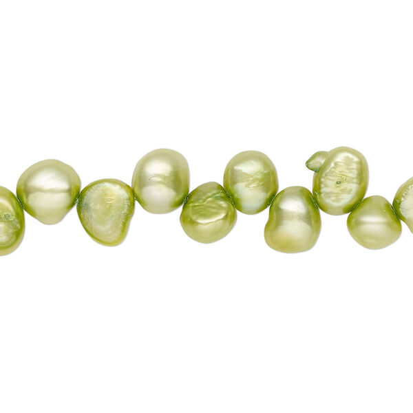 Pearl, cultured freshwater (dyed), fern green, 6-8mm top-drilled flat-sided potato with 0.4-0.5mm hole, D grade, Mohs hardness 2-1/2 to 4. Sold per 14-inch strand. image number 0