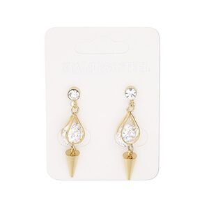 Earring, cubic zirconia / glass rhinestone / gold-finished stainless steel, clear, 34.5mm with cone and post. Sold per pair.