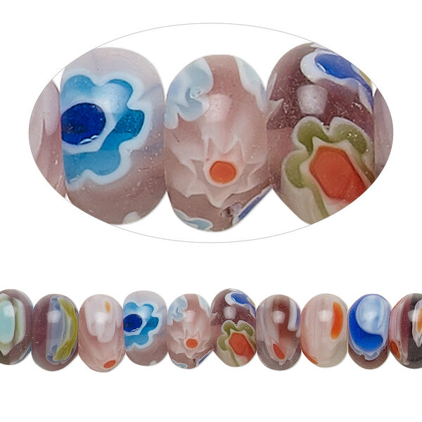 Bead, millefiori glass, translucent plum / blue / multicolored, 8x5mm rondelle. Sold per 15-inch strand, approximately 80 beads. image number 0