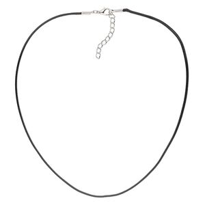 Necklace cord, waxed cotton cord with imitation rhodium-finished steel and "pewter" (zinc-based alloy), black, 1.5mm round, 24 inches with 1-1/2 inch extender chain and lobster claw clasp. Sold per pkg of 4.