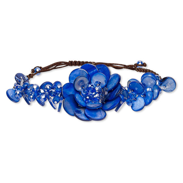 Bracelet, freshwater pearl shell (dyed) / felt / glass / waxed cotton cord, blue / brown / white, 45mm flower, adjustable from 6-1/2 to 9 inches with macramé knot closure. Sold individually. image number 0