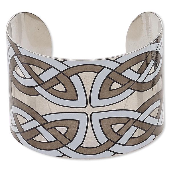 Bracelet, cuff, imitation rhodium-finished carbon steel, black and white, 46mm wide with Celtic knot design, adjustable from 7-8 inches. Sold individually. image number 0