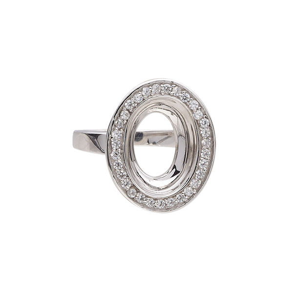 Ring, Almost Instant Jewelry®, rhodium-plated sterling silver and cubic zirconia, clear, 20mm wide with 14x10mm oval glue-in setting, size 7. Sold individually. image number 0