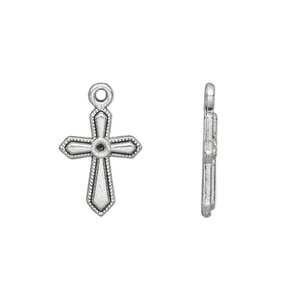 Drop, antique silver-plated "pewter" (zinc-based alloy), 16x12mm single-sided cross with (1) PP12 setting. Sold per pkg of 20. image number 0
