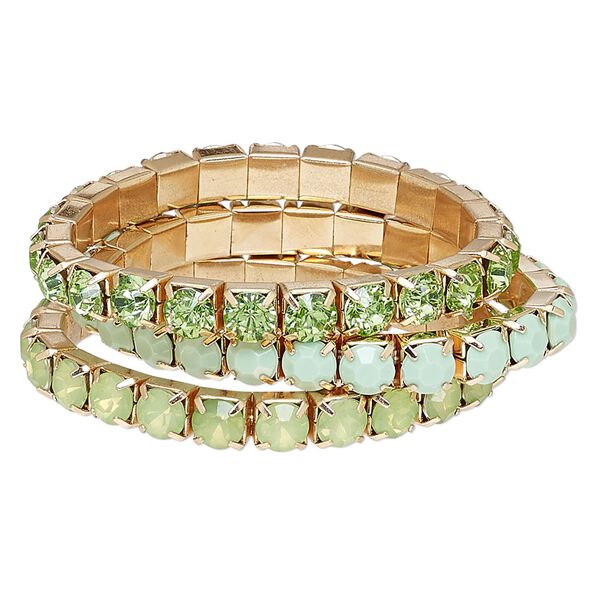 Bracelet, stretch, acrylic rhinestone and gold-finished steel, green and frosted green, 8mm wide cupchain, 7 inches. Sold per 3-piece set. image number 0