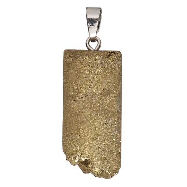 Pendant, pyrite (natural) and silver-finished copper, 30x15mm irregular rectangle, Mohs hardness 6. Sold individually. image number 0