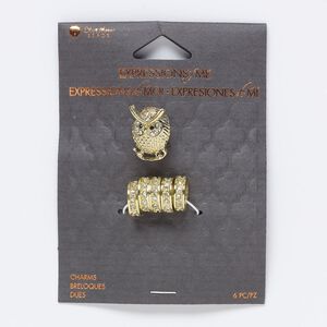 Slide mix, glass and gold-finished "pewter" (zinc-based alloy), black and clear, (5) 12x3mm rondelles and (1) 18x14mm owl with 6.5mm hole. Sold per pkg of 6.