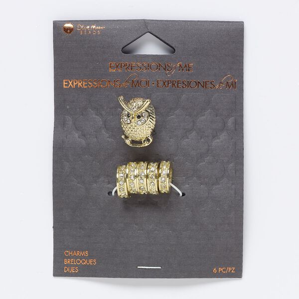 Slide mix, glass and gold-finished "pewter" (zinc-based alloy), black and clear, (5) 12x3mm rondelles and (1) 18x14mm owl with 6.5mm hole. Sold per pkg of 6. image number 0