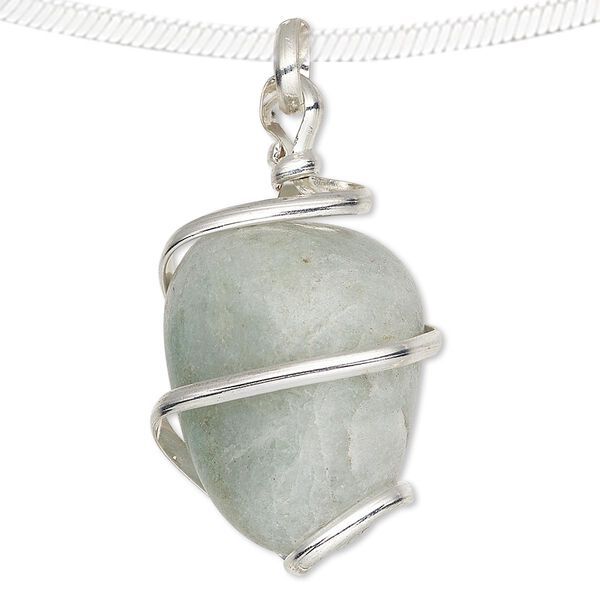 Pendant, green aventurine (natural) and silver-plated copper, medium to large hand-cut wire-wrapped tumbled nugget. Sold individually. image number 0
